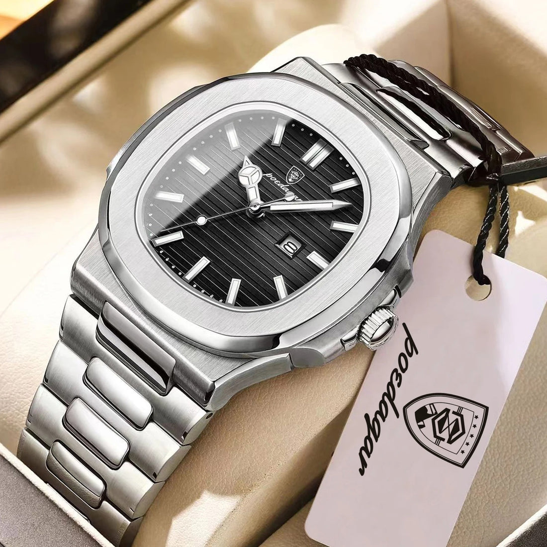 POEDAGAR Square Luxury Men Wristwatch Waterproof Luminous