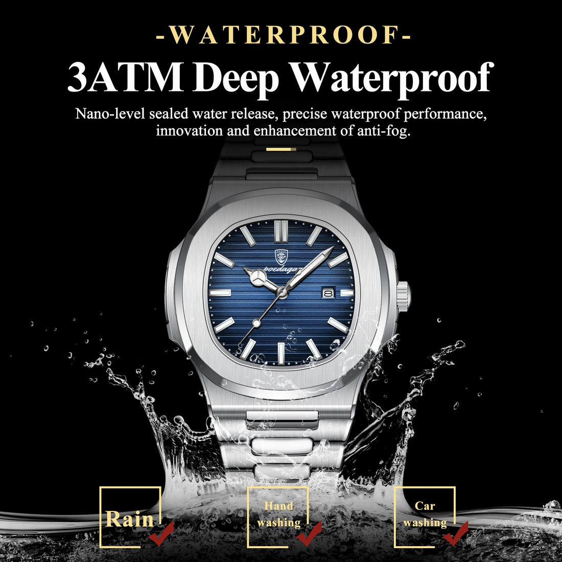 POEDAGAR Square Luxury Men Wristwatch Waterproof Luminous