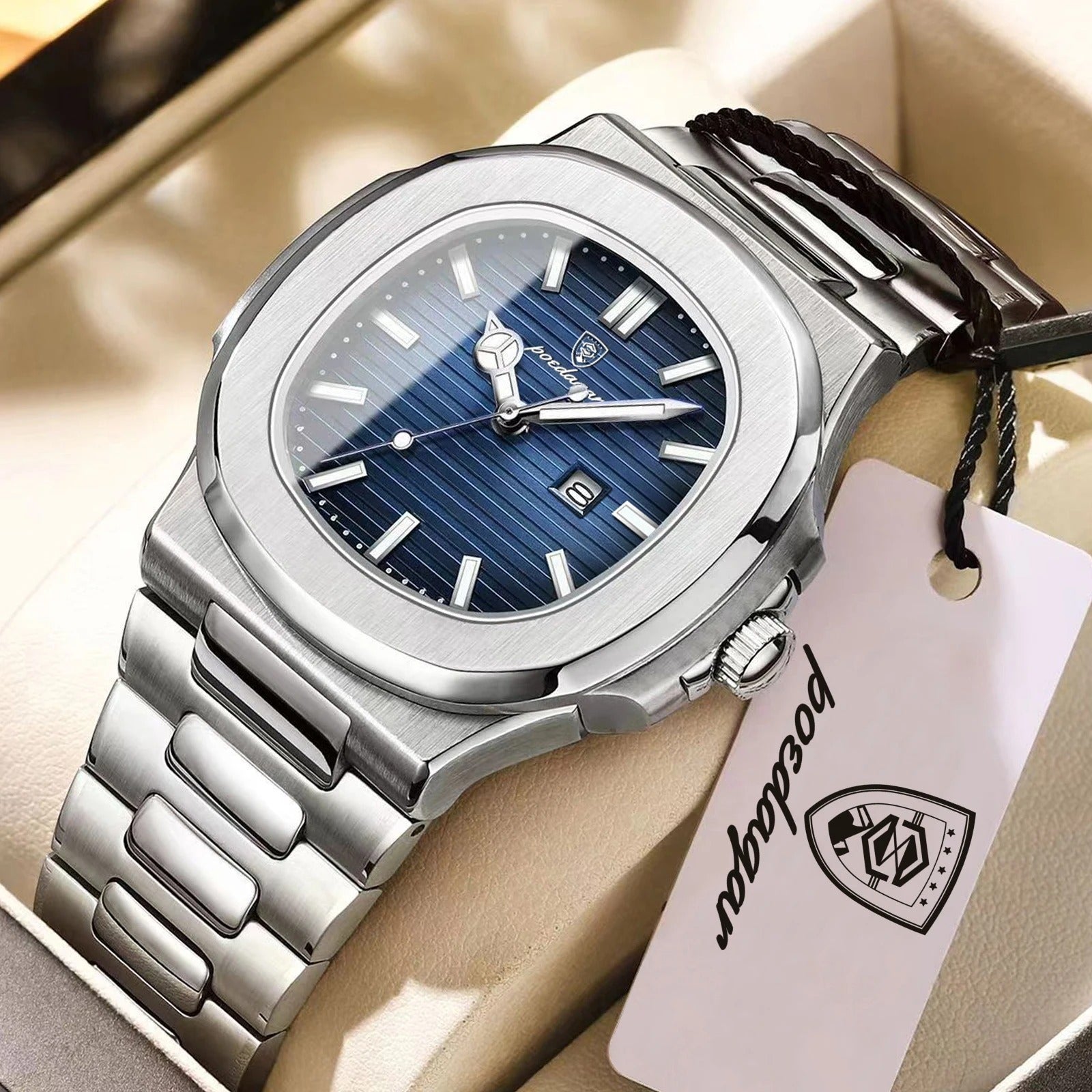 POEDAGAR Square Luxury Men Wristwatch Waterproof Luminous